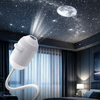Illustration of a starry ceiling projected in a bedroom