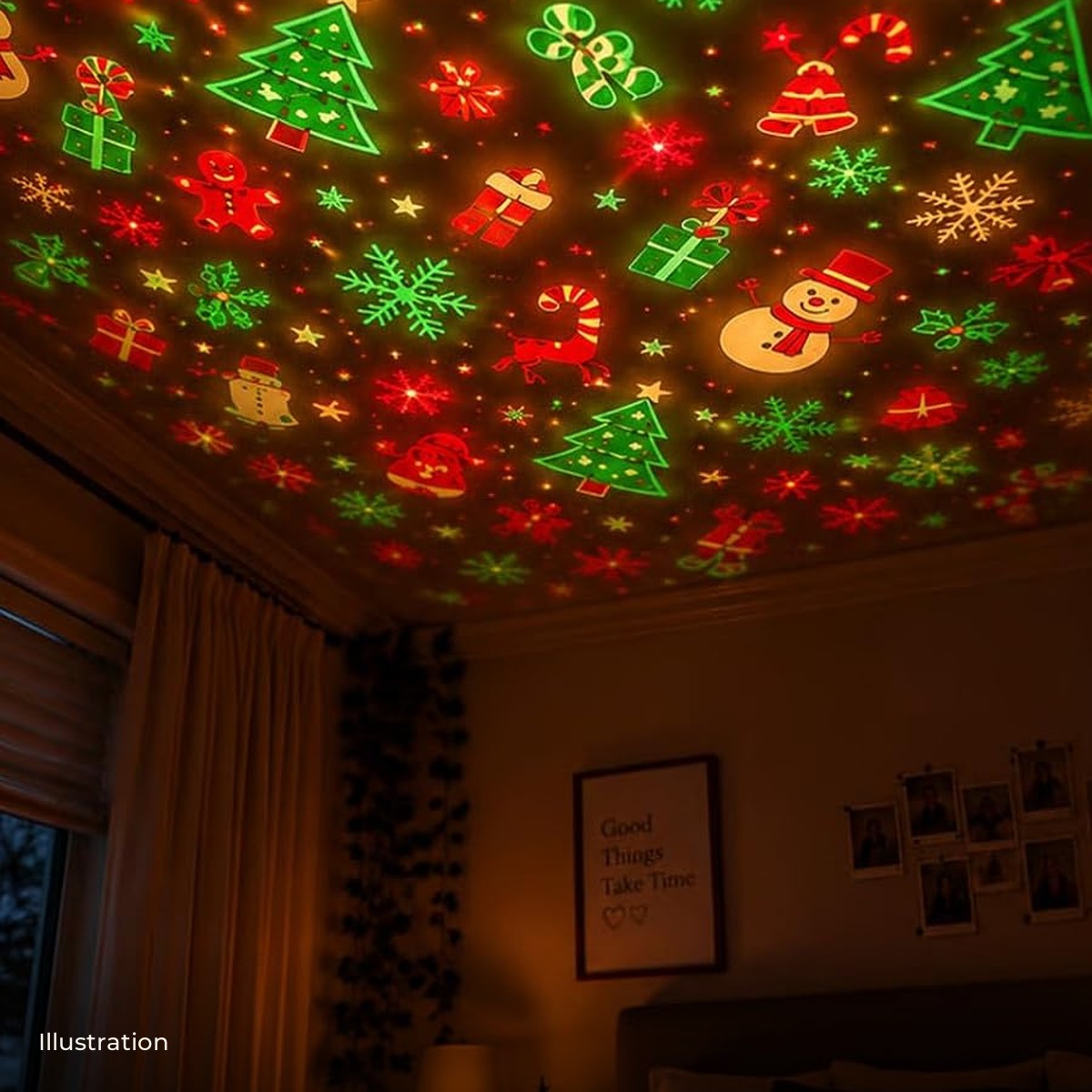 Illustration de motifs de Noël projetés au plafond d'une chambre