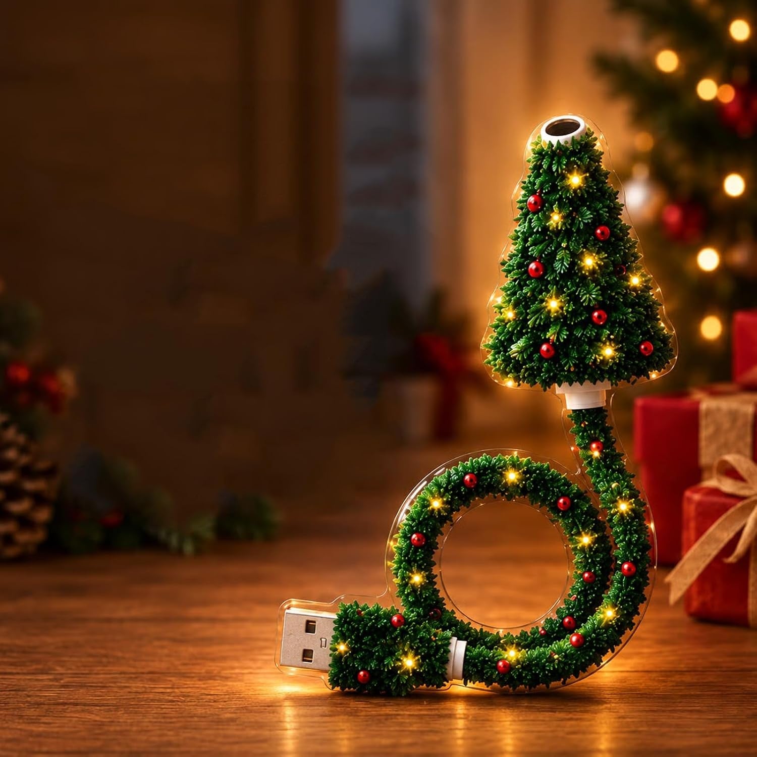 Projecteur de Noël USB en forme de sapin sur une table